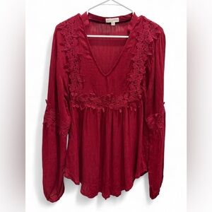 Coco + Jaimeson Burgundy V Neck Appliqué Peasant Blouse Medium Boho Crochet Lace